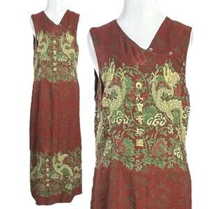 Vintage 90s Citron Santa Monica Silk Asian Dragon Maxi Dress Size Medium